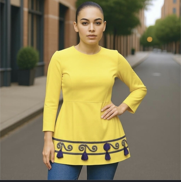 Vtg 60s Eve Le Coq hippie bohemian yellow tunic with purple scroll border sz XS - Picture 1 of 8